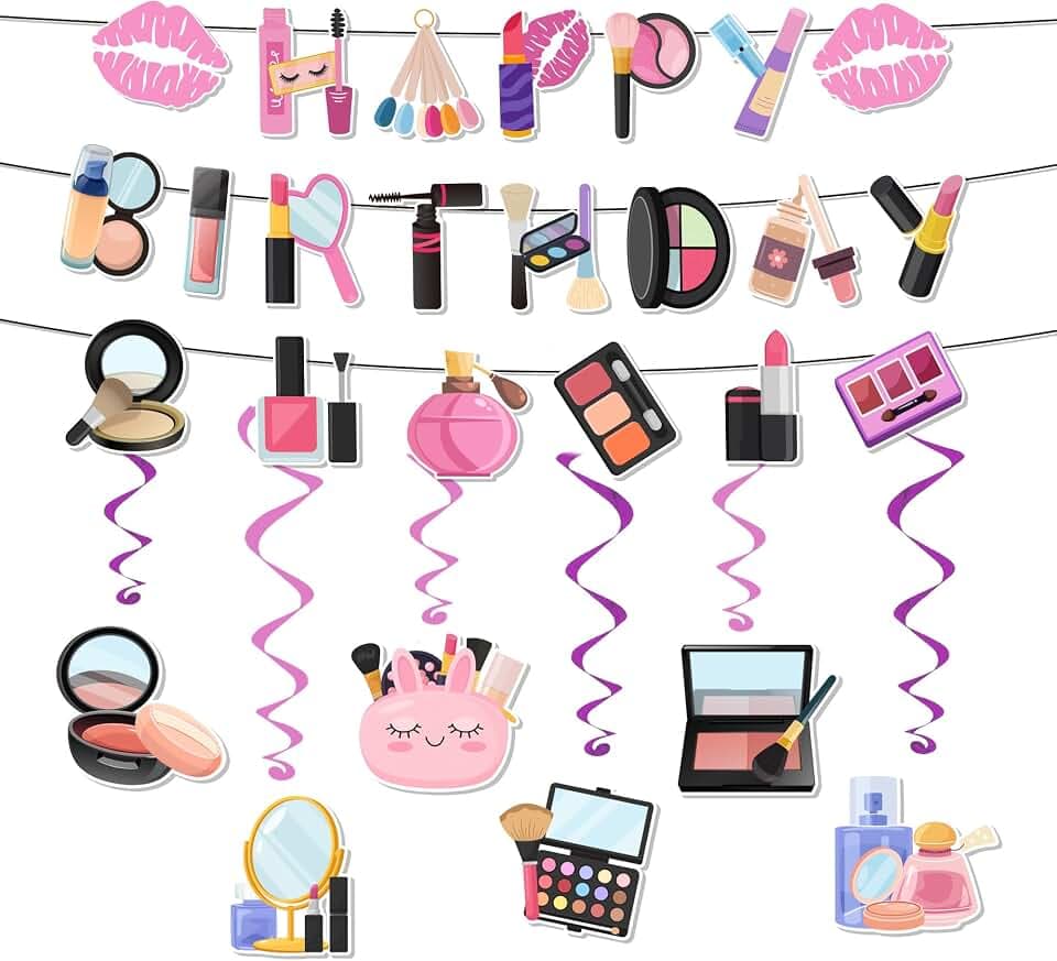 Makeup Geburtstags Party Dekorations, 7pcs Spa Geburtstagsparty Zubehör Set, Makeup Thema Alles Gute zum Geburtstag Banner Spa Party Hängende Strudel für Kostümparty