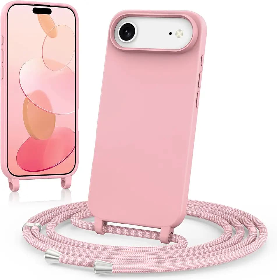 Handykette für iPhone 17 Air Hülle mit Band, Handyhülle mit Schnur zum Umhängen, weiche TPU Silikonhülle mit Band [verstellbar] [abnehmbar] Halskettenhülle, Sandrosa