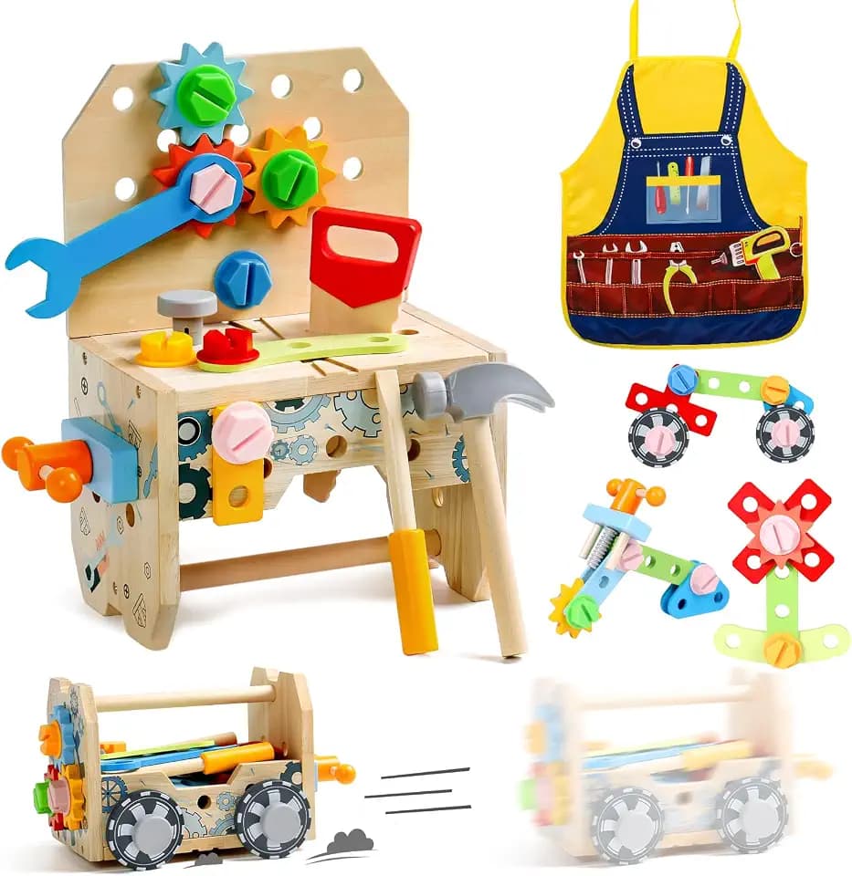 Werkzeugkoffer Kinder, 3-in-1 Werkbank Kinder Holz, Montessori Spielzeug ab 2 Jahre, 52-teiliges Kinderwerkzeug, Werkbank & Schürze: Lernspielzeug, Kinderspielzeug ab 2 Jahre, Geschenk Junge Mädchen