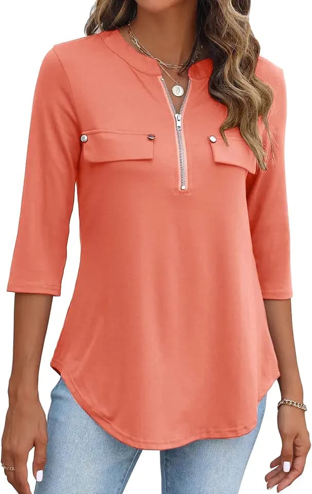 Halife 3/4 Length Sleeve Womens Tops Fall Dressy Casual Zipper Front Shirts