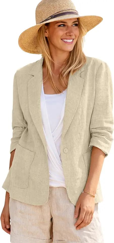 Mina Self 2026 Summer Women’s Linen Blazer Jacket - Lightweight Breathable 3/4 Stretchy Ruched Sleeve Casual Work with Pocket