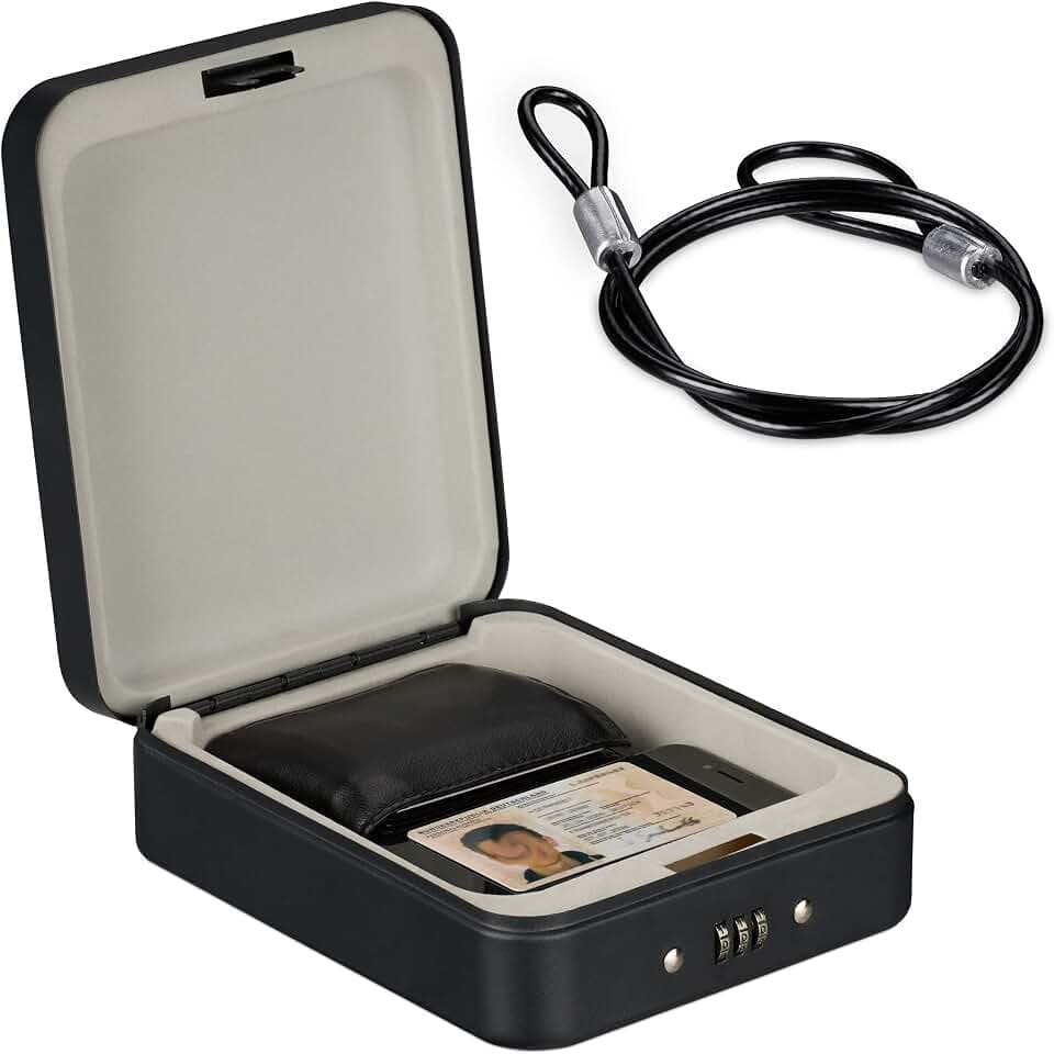 Relaxdays Sicherheitsbox mit Zahlenschloss, tragbar, mit Sicherungskabel, Autosafe, Stahl, HxBxT: 6x16x20 cm, schwarz