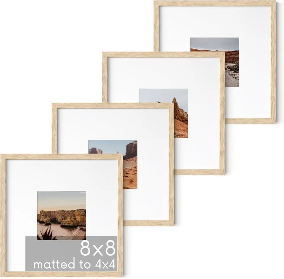 HAUS AND HUES Beige Oak Wood 8x8 Picture Frames - Set of 4, Square Frames with Mat, Contemporary Frames for Photos (8x8 in, Beige, Set of 4)