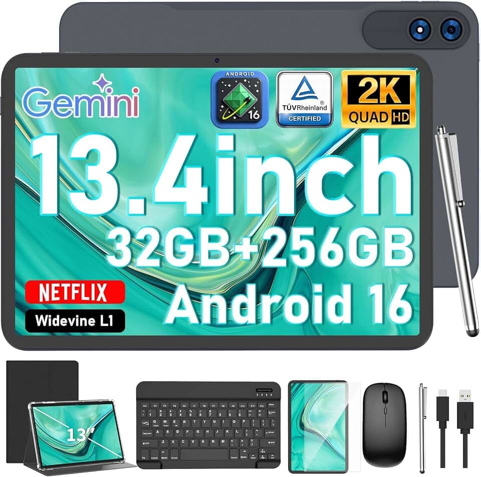 13 Inch Tablet with Keyboard, Android 16 Tablet, 32GB+256GB+2TB-Black Case