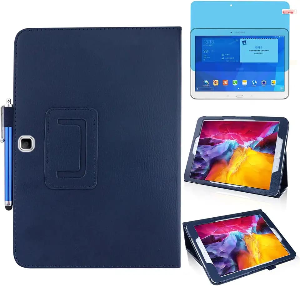 Slim Leather Case for Samsung Galaxy Tab 4 10.1 Inch 2014 (SM-T530 T535 T531 T537), Multi-Angle Stand Full-Protective Tablet Cover Book Case with Stylus Pen,Screen Film (Blue)