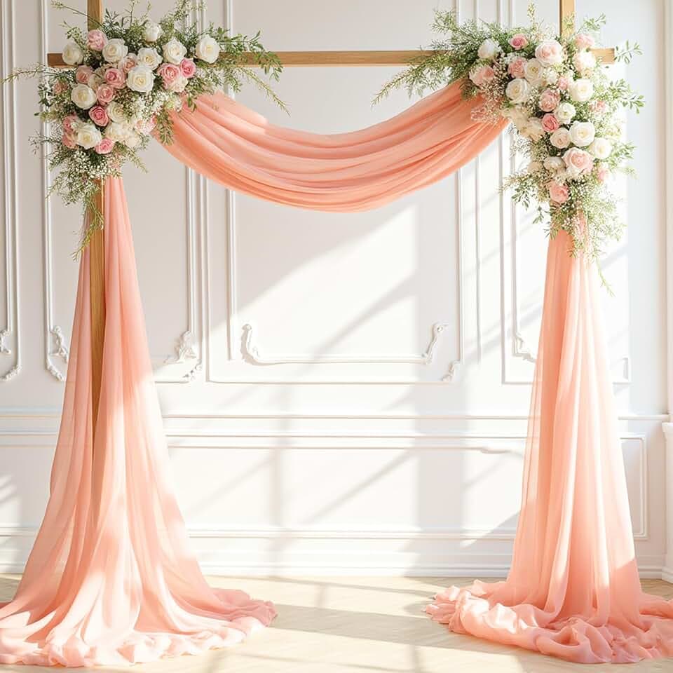 FUHSY Wedding Arch Draping Fabric Peach Pink Chiffon Fabric Drapes 20FT 1 Panel Sheer Curtains Wedding Arch Backdrop for Party Ceiling Decorations Weddings Ceremony Drape Fabrics for Arbor Archs Decor