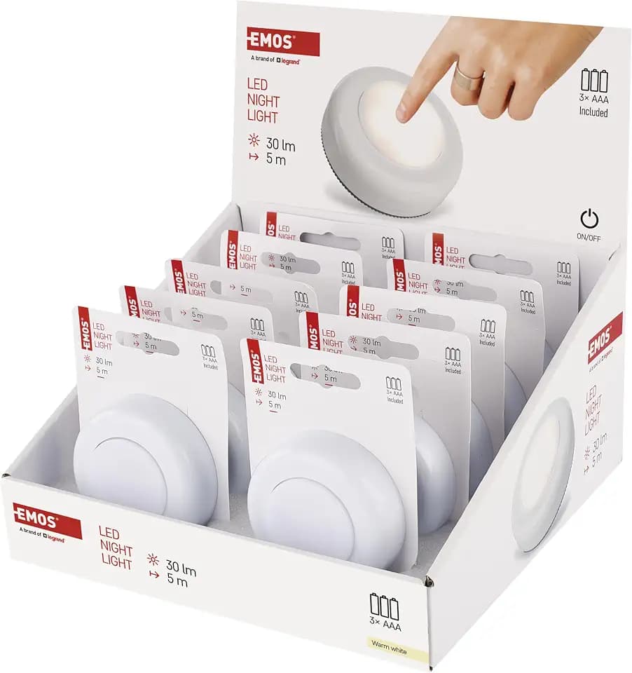 EMOS - LED Nachtlicht 10 Stück mit Klebepads - 10x Orientierungslicht batteriebetrieben (inkl. je 3x AAA) - Druckleuchte für Kinder und Seniore zum Aufkleben - Helligkeit 30 lm, Leuchtweite 5 m - weiß