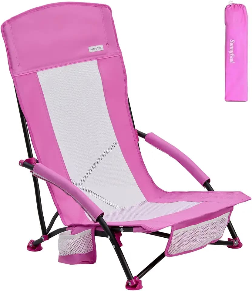 SUNNYFEEL Folding Beach Chair, High Back Beach Chairs for Adults, Lightweight Portable Camp Chair 300lbs Heavy Duty with Carry Bag, Mesh Back, Cup Holder for Outdoor Travel Picnic Concert, Pink
