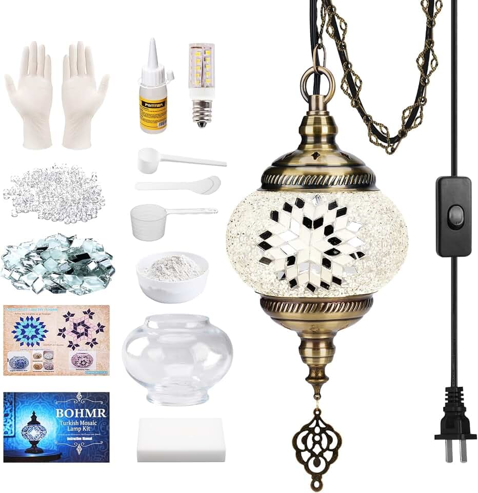 DIY Turkish Mosaic Lamp Kit, 5.2" D Plug-in Pendant Light, White