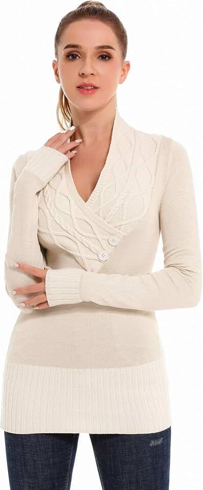 AmélieBoutik Women Crossover Cable Knit V Neck Long Sleeve Pullover Sweater