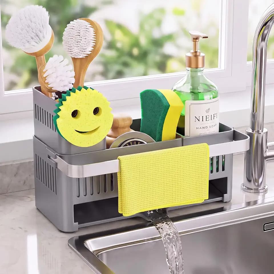 Nieifi Sponge Holder, Grey Rustproof ABS Sink Caddy with Towel Rack
