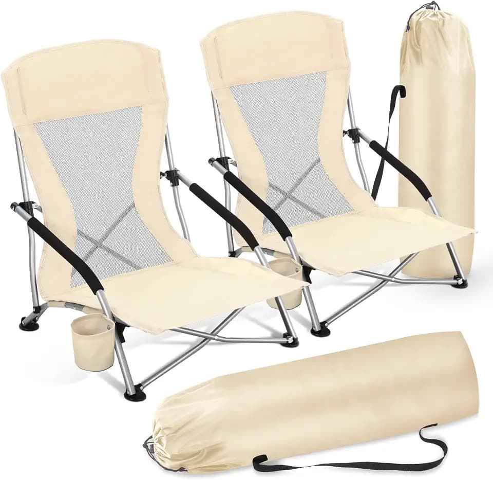 FillTouch 2 Pack Low Beach Chairs Portable Folding Beach Chairs for Adults with Cup Holder Carry Bag Low Back Camping Chair Lightweight Folding Lawn Chair for Outdoor Sand Travel Concert (Beige)