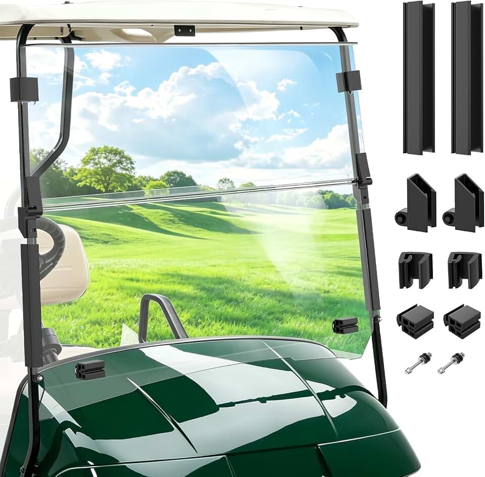 Panglong EZGO TXT Golf Cart Windshield Kit-Clear or Tinted, Fold Down Windshield with Windshield Clips and Screws, Anti-Impact Resistant, Fit 1995-2013 EZGO TXT, DCS, PDS Golf Cart