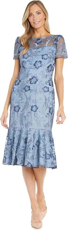 Elegant Embroidered Mesh Midi-Length Dress W/Flounce Hem & Short Sleeves