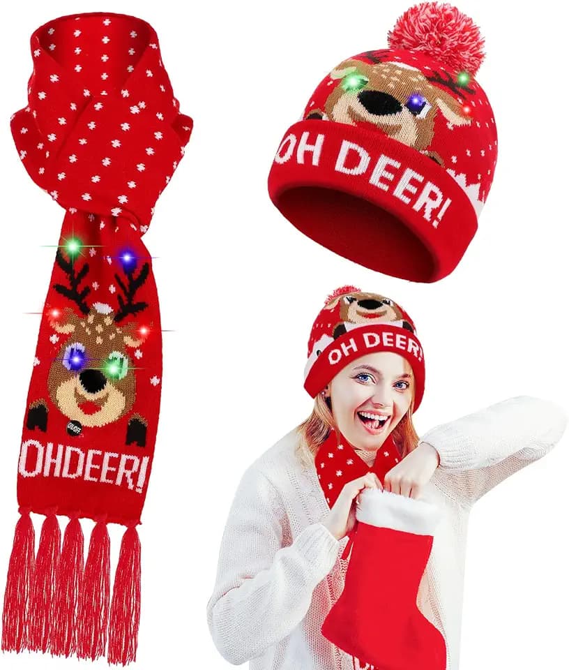 2 Pieces LED Light up Christmas Hat Lights Scarf Set Xmas Flashing Beanie Cap Knitted Scarf for Christmas Holiday Party