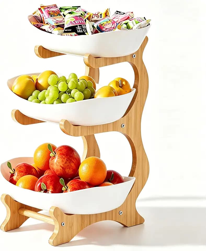 Fruit Bowl for Kitchen Counter, 3 Tier Plastic Serving Bowls with Bamboo Stand, Tiered Fruit Basket for Fruits Vegetable Storage, Cake, Dessert, Nuts, Snack, Salad for Party Wedding