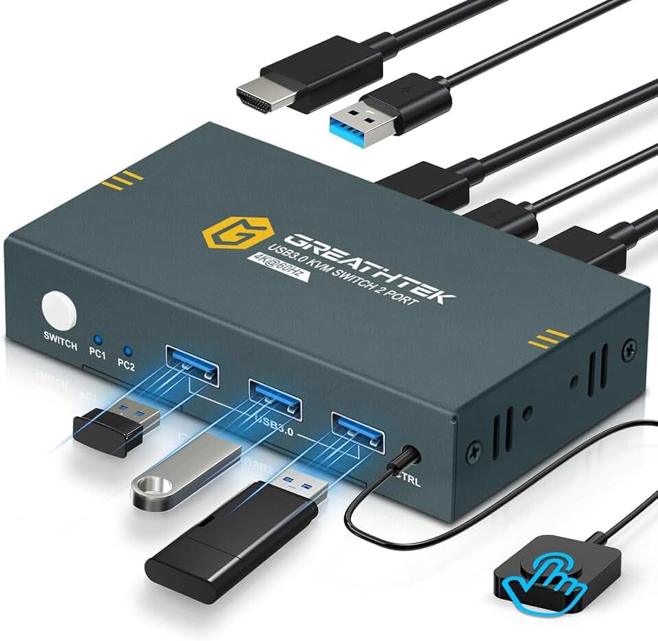 GREATHTEK 4K 60Hz HDMI KVM Switch 2 PC 1 Monitor USB 3.0 KVM Umschalter