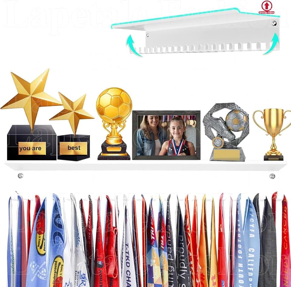 Non-Slip Trophy Shelf - 16 Inch Medal Hanger Display For Wall with Upgraded Shelves For Trophies, Gymnastics, Soccer, Swim