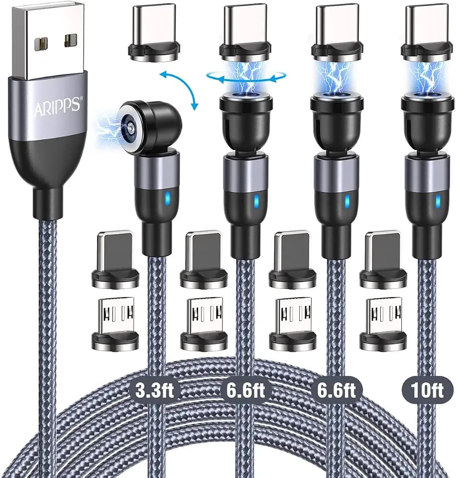 Magnetic Charging Cable 4 Pack (3.3ft/6.6ft/6.6ft/10ft), 540 Degree Rotating Magnet Phone Charger Cable, 3 in 1 Nylon Braided Magnetic USB Cable for Micro,Type C and iProduct Device