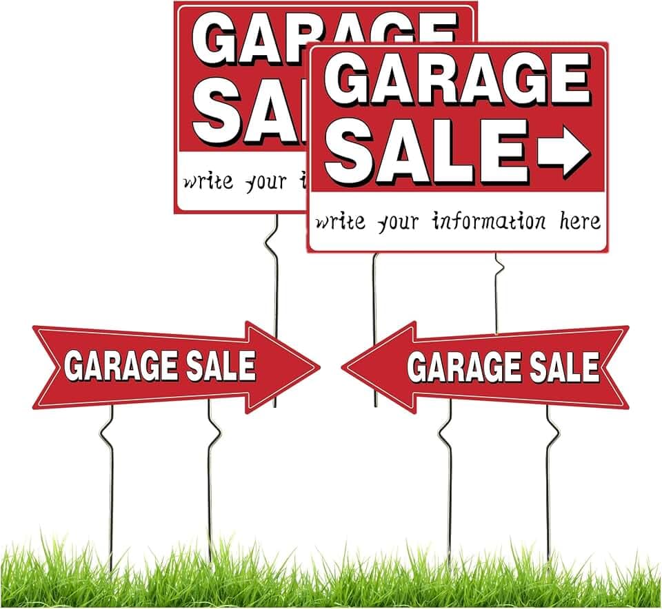 4 Pack Garage Sale Signs, Large Garage Sale Sign with Metal Stakes, 17x12 Inch Double-Sided Weatherproof Corrugated Plastic Yard Signs, Includes Directional Arrows for Garages Sales Events (Red)