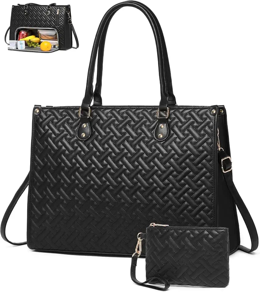 BAVERGE Lunch Tote Bag for Women, Vegan Leather 15.6” Laptop Bag with Insulated Compartment Quilted Purse for Work Teacher