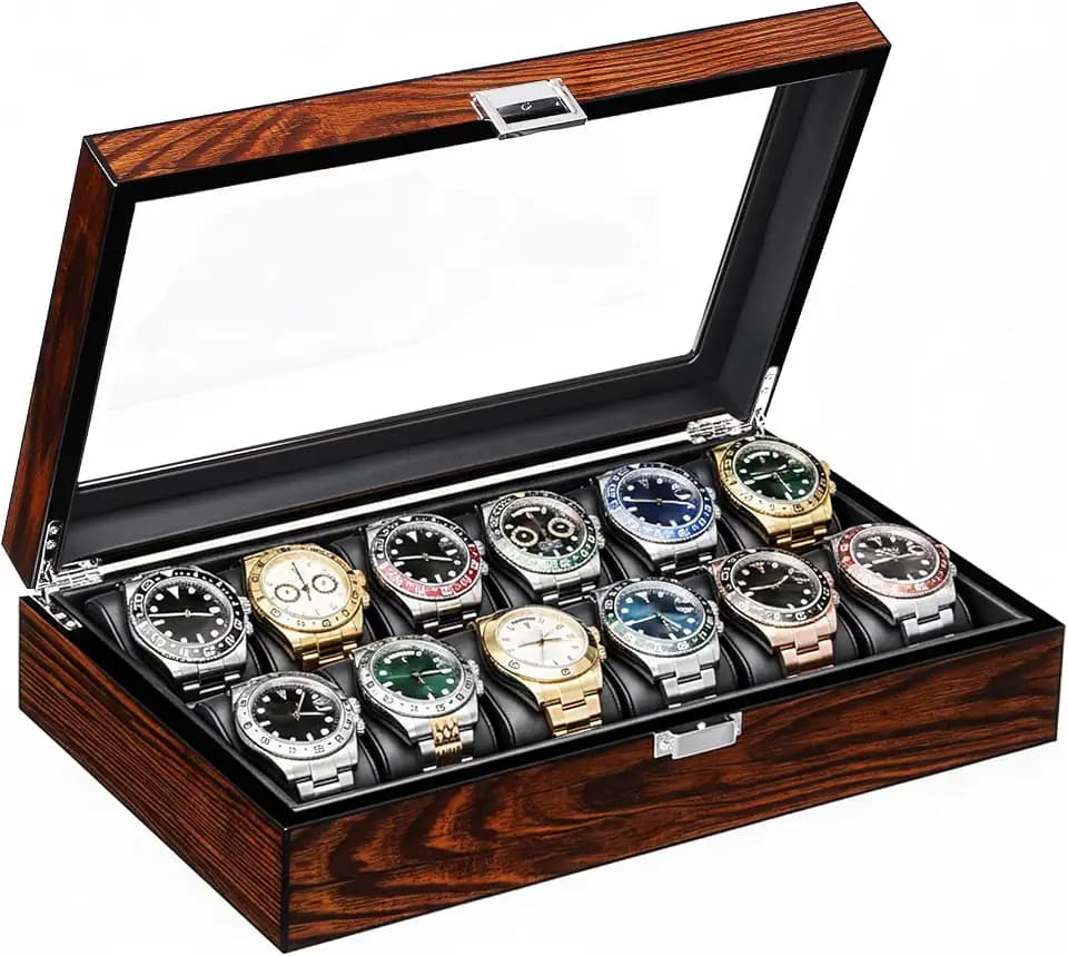 BEWISHOME Watch Case, 12-Slot Watch Box with Large Glass Lid