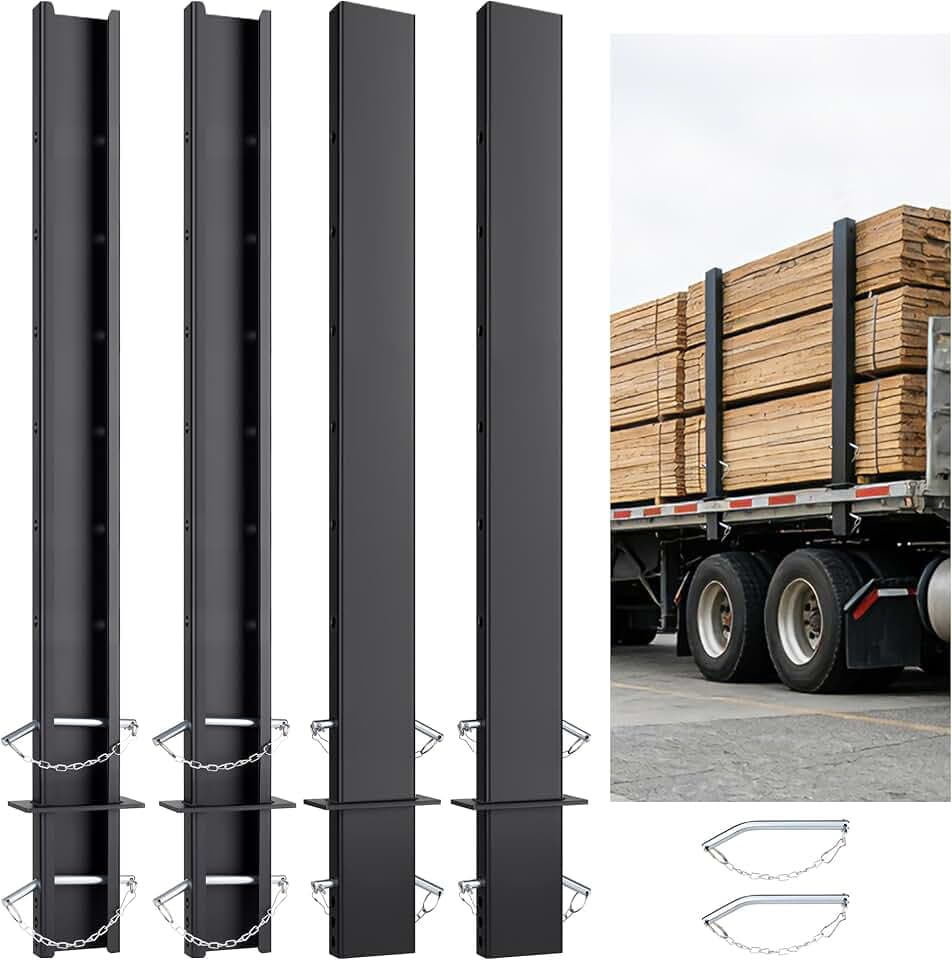4-Pack 54" Adjustable C Channel Pipe Stakes with Anti-Loss Cord - Heavy Duty Steel Trailer Stake Sides for Flatbed Hauler & Stake Pockets - Black Powder Coated