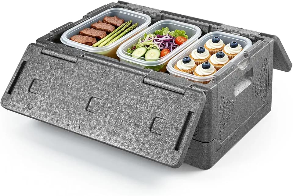 VEVOR Thermobox Faltbar 38 L, Isolierbox zum Warmhalten und Kühlen, Warmhaltebox aus EPP 600 x 405 x 265 mm, Transportbox für Speisen und Getränke mit Deckel, Thermobehälter Wiederverwendbar, Grau