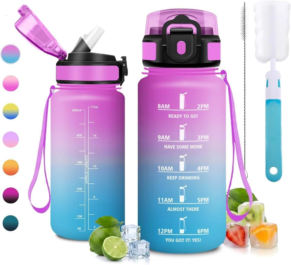Trinkflasche 500ml, BPA-Frei, Kohlensäure Geeignet, Trinkflasche mit Strohhalm, Auslaufsicher, Wasserflasche mit Zeitmarkierung, Strapazierfähig, Sportflasche für Schule, Outdoor, Camping