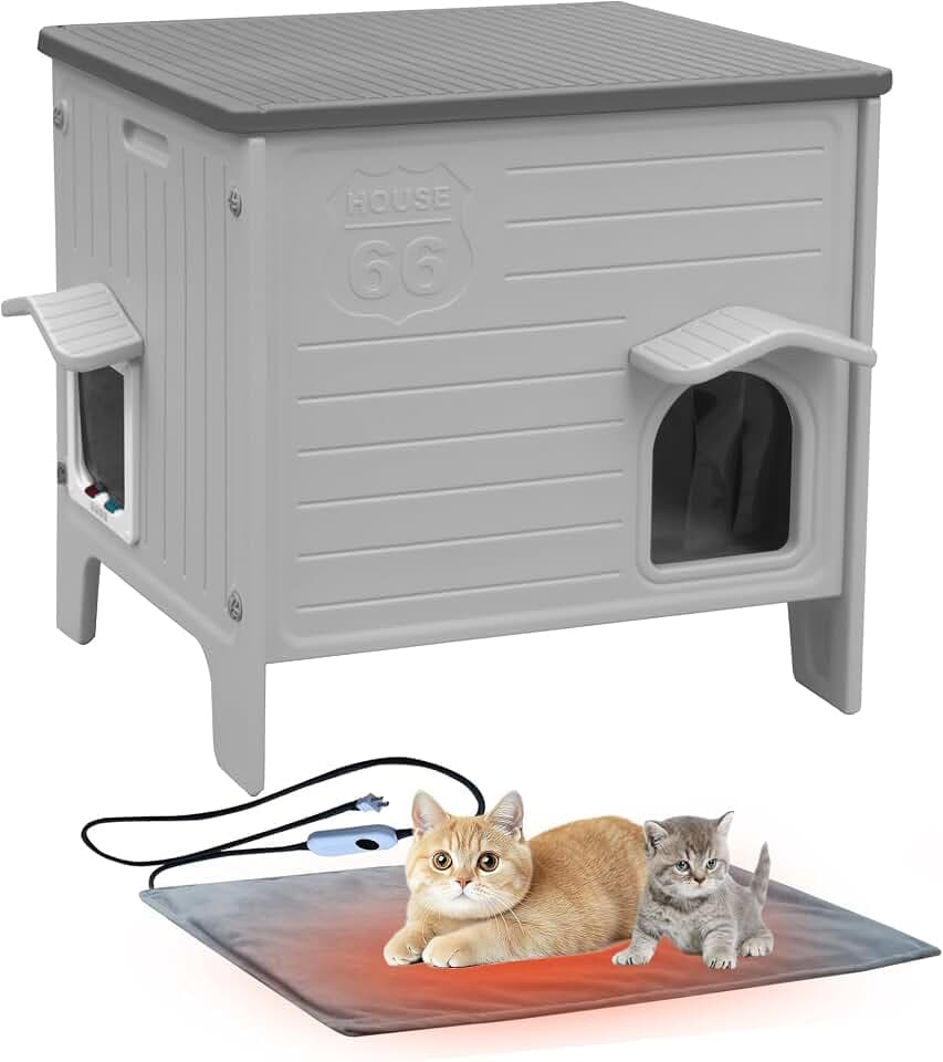 Outdoor Cat House Weatherpoof with Heating Pad Plastic Cat Shelter Indoor