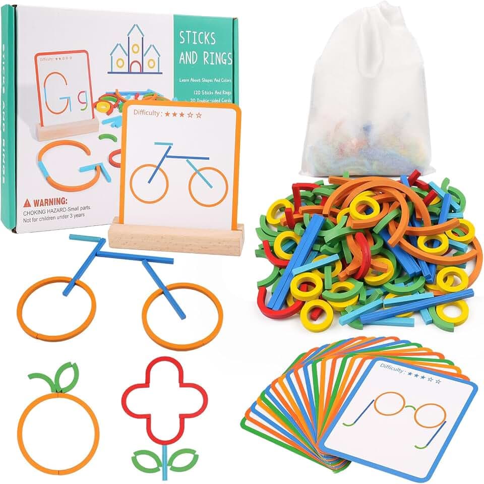 Montessori Spielzeug ab 3 Jahre, Vorschule Lernspiele, 120 Holz Sticks und Ringe 20 Karten, Form Farberkennung Montessori Steckpuzzle, Geschenk zur Einschulung für Jungen und Mädchen