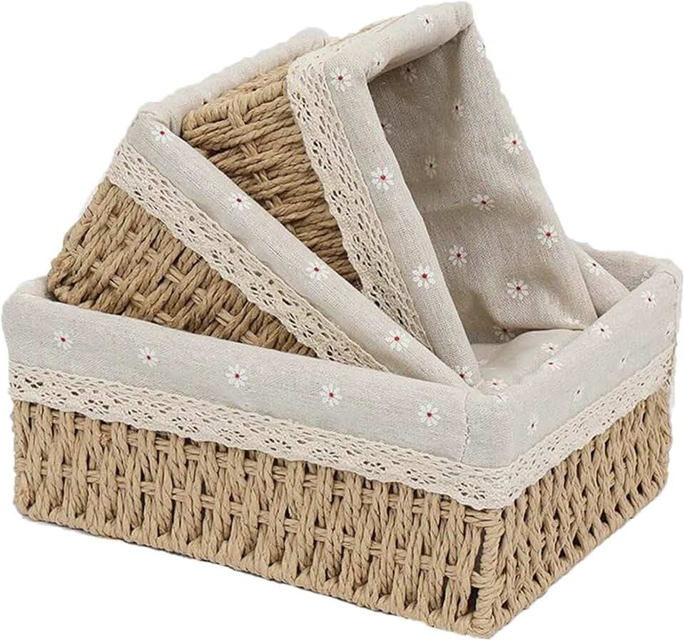 PALUDO 3er Set Aufbewahrungskorb Korb, 3 Größen Badezimmer Körbchen Geflochten Wickeltisch Organizer Körbchen Boxen Basket Kleiner Korb aus Gewebtem Schlafzimmer Make-up