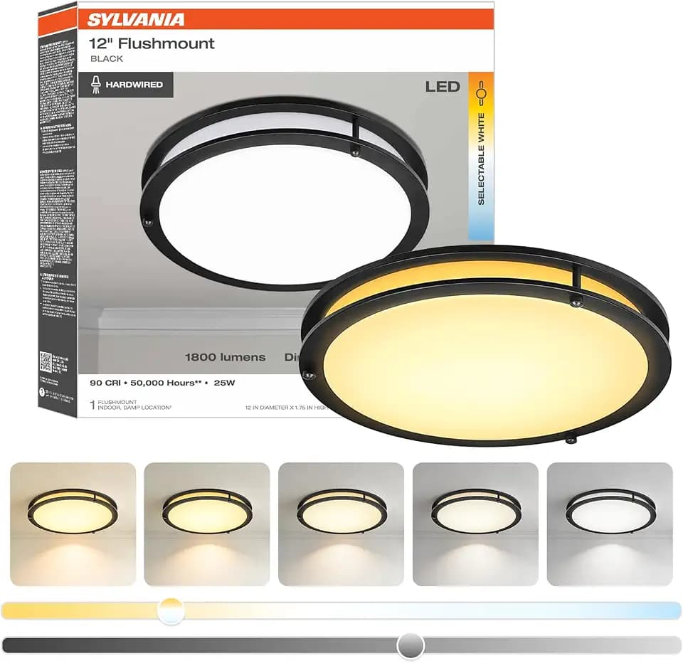 Sylvania 12" Slim Saturn Ring LED Light Fixture, 25W, 5 Temperature Select, Dimmable, 1800 LMS, Black, for Family Rooms/Hallways/Kitchens/Bedrooms - 1 Pack (67239)