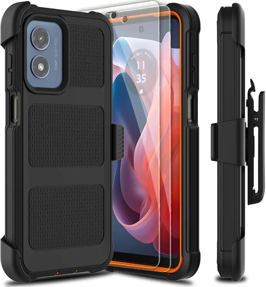 for Motorola Moto G Play 2024 Case with 2 Pack Tempered Glass Screen Protector, [Holster Series] Belt Clip Hard Tough Heavy Duty Rugged Shockproof Protective Cell Phone Case (Black Orange)