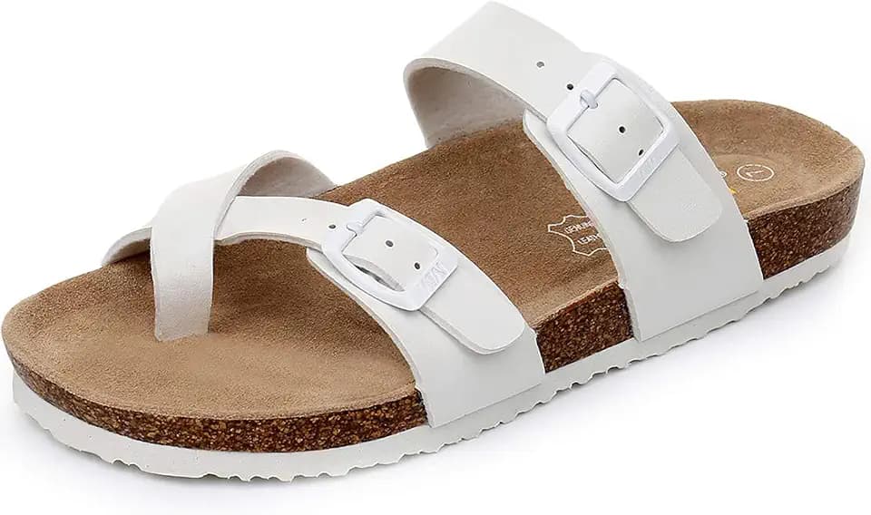 WTW Cork Footbed Womens Sandals Genuine Leather Insole Slides Sandals for Women Adjustable Buckle Summer Sandals Outdoor Walking
