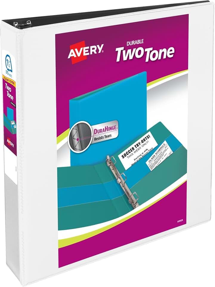 Avery® Two-Tone 3 Ring Binder, 1.5" Slant Rings, 1 White/Black Binder