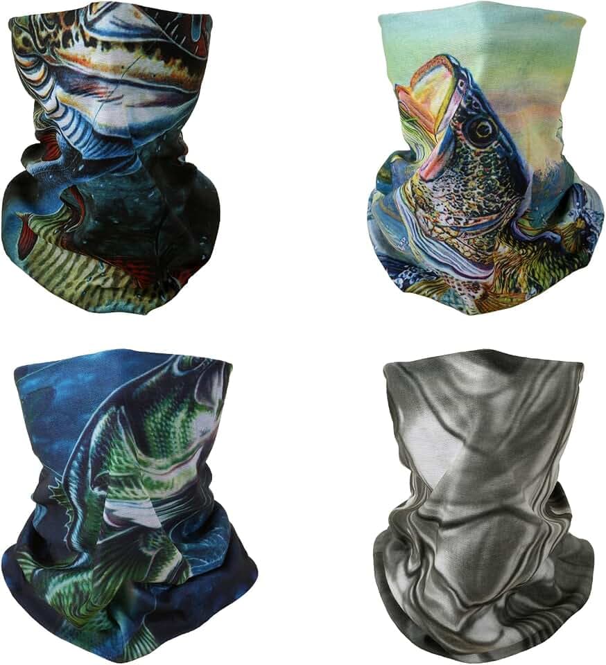 4 Mehrzweck Bandanas für Damen Herren Stirnband Sturmhaube Haar Kopftuch Gesicht Halbmaske Halsmanschetten atmungsaktiv wiederverwendbar waschbar Köder HFisch Forellenbarsch