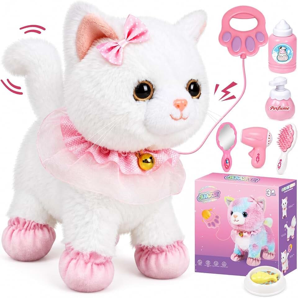 Jimate Interactive Electronic Plush Toy Walking and Barking Robot Cat Plush Cat Remote Control Kitten for Girls (White Cat)