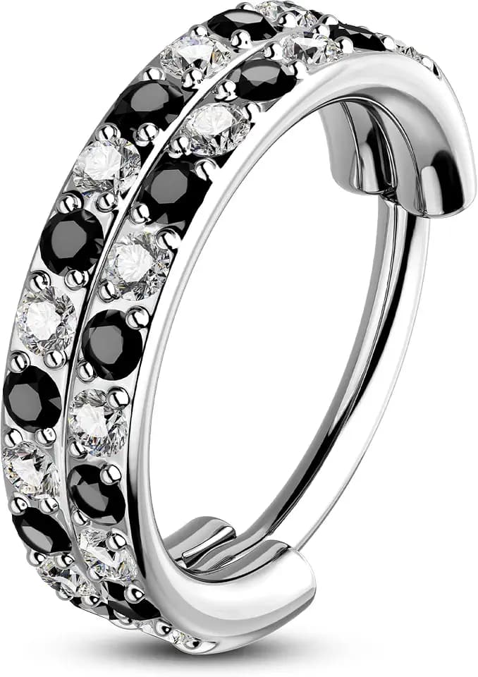 OUFER 20G Checkerboard Nose Rings For Women, 316L Surgical Steel Nose Rings Hoops, Black and Clear Cyrstal Double Hoop Hinged Segment Septum Conch Helix Lip Body Piercing Jewelry for Men-6/7/8MM