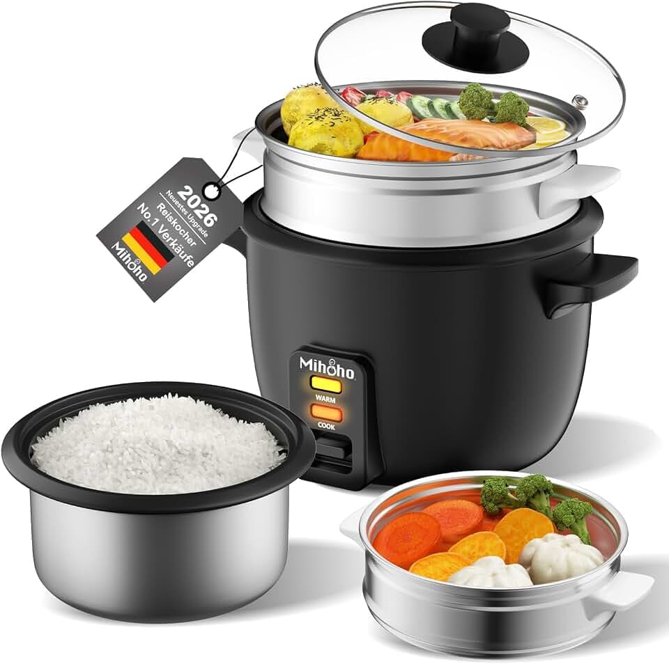 Reiskocher 1L, elektrischer Reiskocher Edelstahlschüssel mit Glasdeckel, Warmhaltefunktion |Dampfgarfunktion ，inkl Dämpfeinsatz, Löffel, Messbecher (schwarz F)