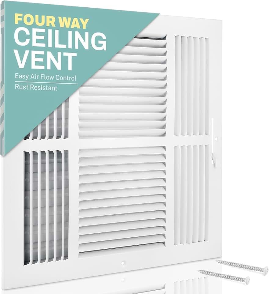 Ceiling Register - Air Vent Covers for Home Ceiling or Wall - 14X14 Inch (Duct Opening) 4-Way White Grille Register Cover with Adjustable Damper for HVAC Heat and Cold Air Conditioner
