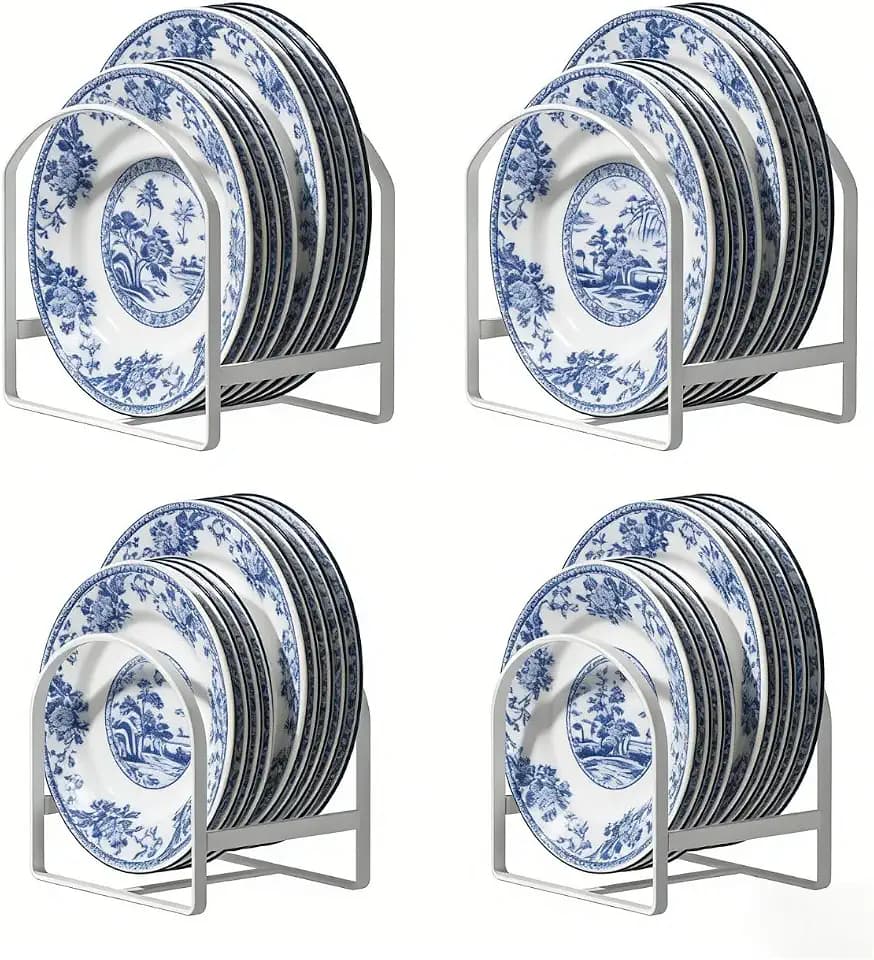 4 Pack Kitchen Plate Holder Organizer for Cabinet Space Saver Dinner Dish Storage Rack Upright Dish Drying Racks Metal Plate Dish Racks Stand for Cupboard and Countertop 2 Large 2 Small White