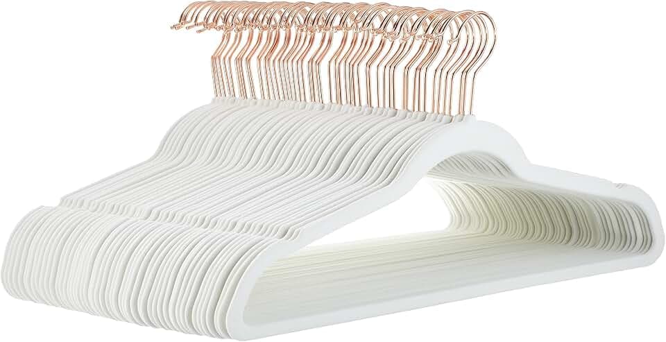 Amazon Basics Slim Velvet Non-Slip Space Saving Suit Clothes Hangers, Closet Organizer, Sturdy Construction, Ivory/Rose Gold, 50-Pack