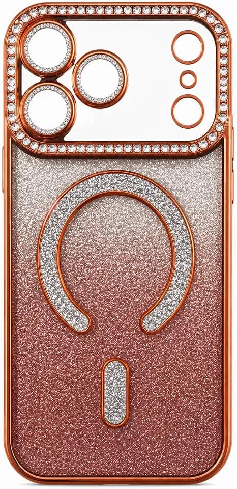 BRILLICASE Glitter Magnetic Phone Case Compatible with iPhone 17 Series, Rhinestone Camera Lens Protection, Shockproof Clear Case Compatible with MagSafe (Orange, iPhone 17 pro)