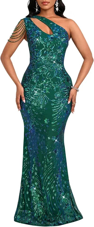 Cololura Women Sequin Elegant Sexy One Shoulder Tassel Oblique Collar Mermaid Bodycon Cocktail Evening Dress