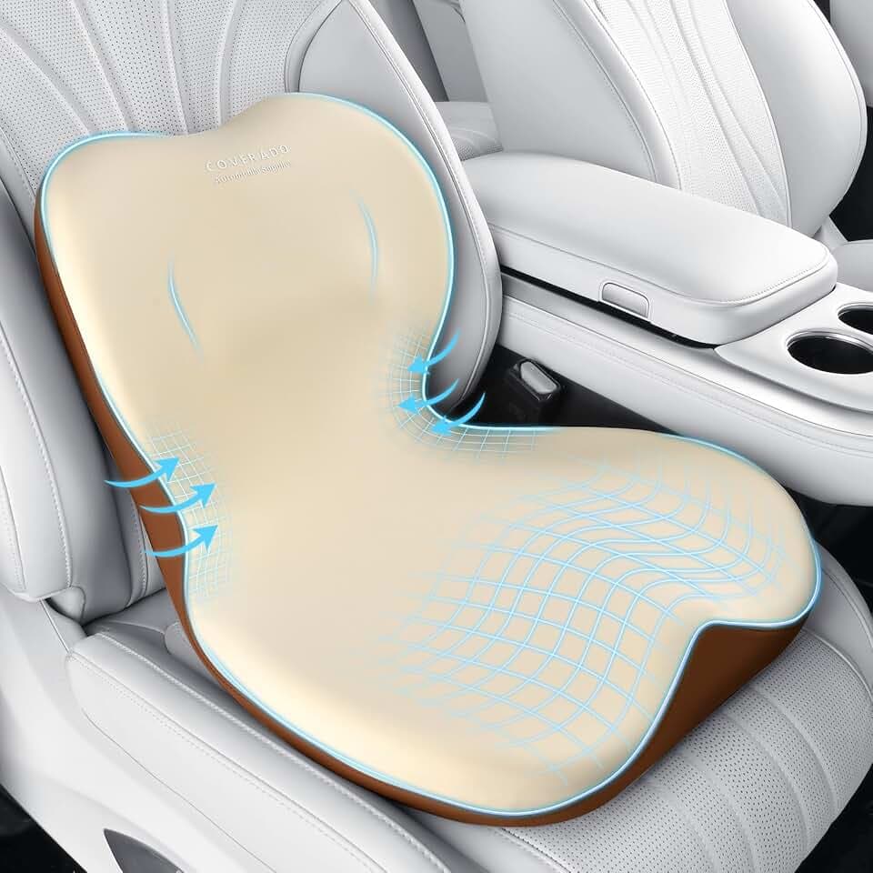 Coverado Car Seat Cushion and Lumbar Support Pillow One Piece, Memory Foam Ergonomic Back Support Driving Seat Cushion for Back Pain, Non-Slip Washable Cushion for Car, Driver, Office