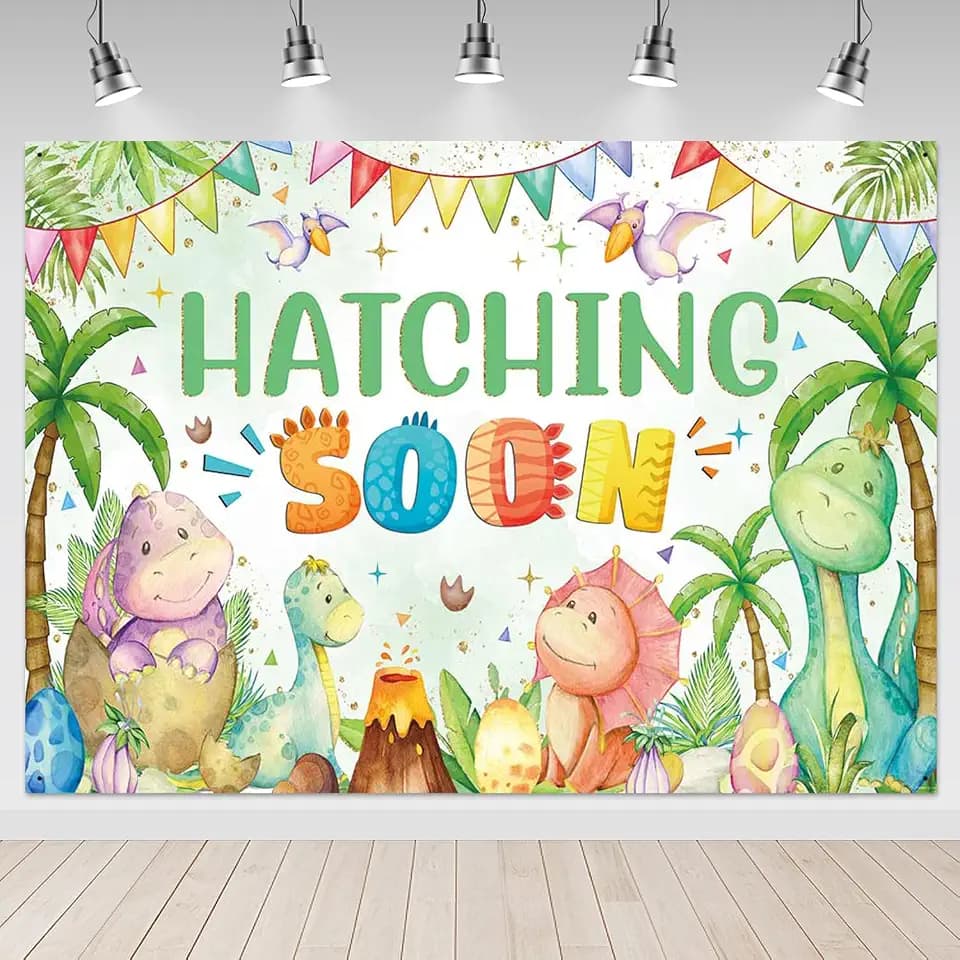 Mocsicka Dinosaur Baby Shower Backdrop Banner - Hatching Soon Dinosaur Theme Decorations for Boys (7x5ft)
