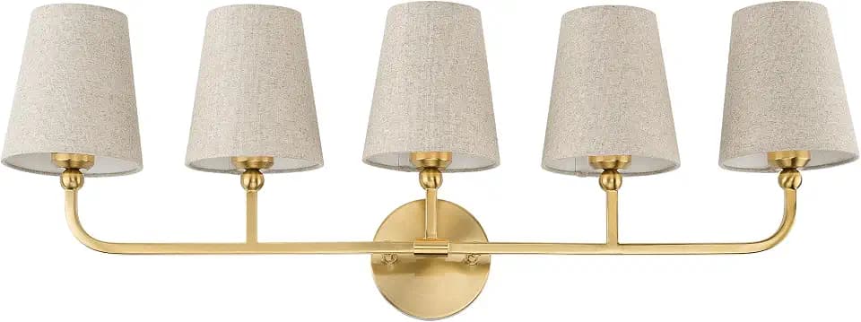 5-Light Brushed Gold Bathroom Vanity Light, Brown Linen Fabric Shade