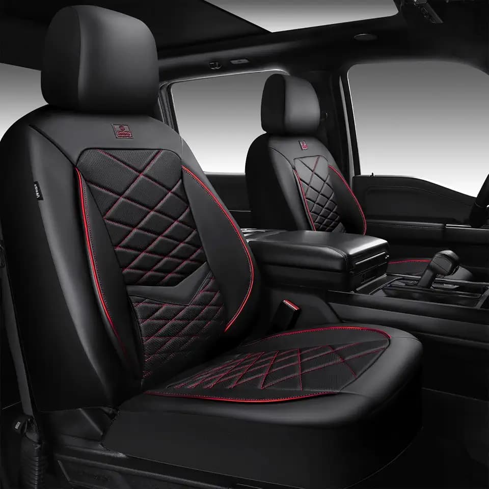 CAR PASS Luxury Nappa Leather Front Seat Covers, Water Resistant 3D Foam Seat Covers with Lumbar Support, Breathable Auto Seat Cover Airbag Compatible Universal Fit for Sedan SUV Van Truck, Black Red