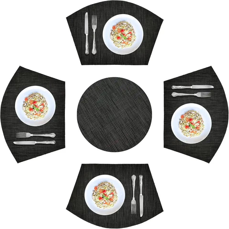 5PCS Round Placemats Wedge Place Mats Sets with Centerpiece Round Table Mats, ZOXILEN PVC Polyester Heat Resistant Non-Slip Placemats for Dining Table(Black)
